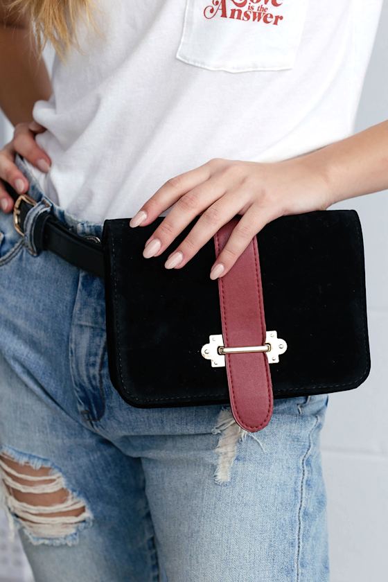 Chic Black Belt Bag Belt Purse Vegan Suede Belt Bag