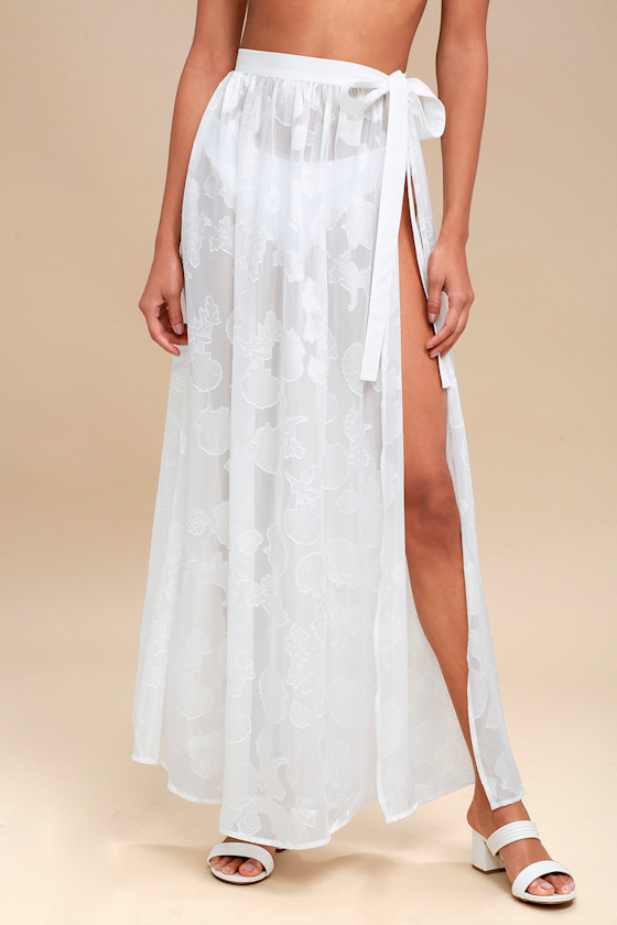 Take the Caicos White Shell Print Cover-Up Maxi Skirt 2