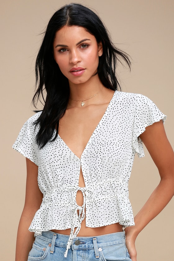 Cute White Polka Dot Top - Crop Top - Drawstring Top - Lulus