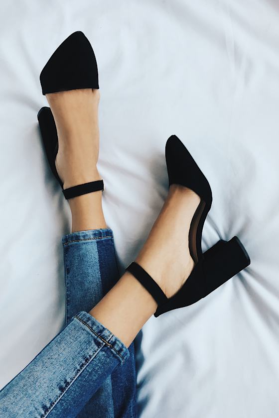harper black suede ankle strap heels