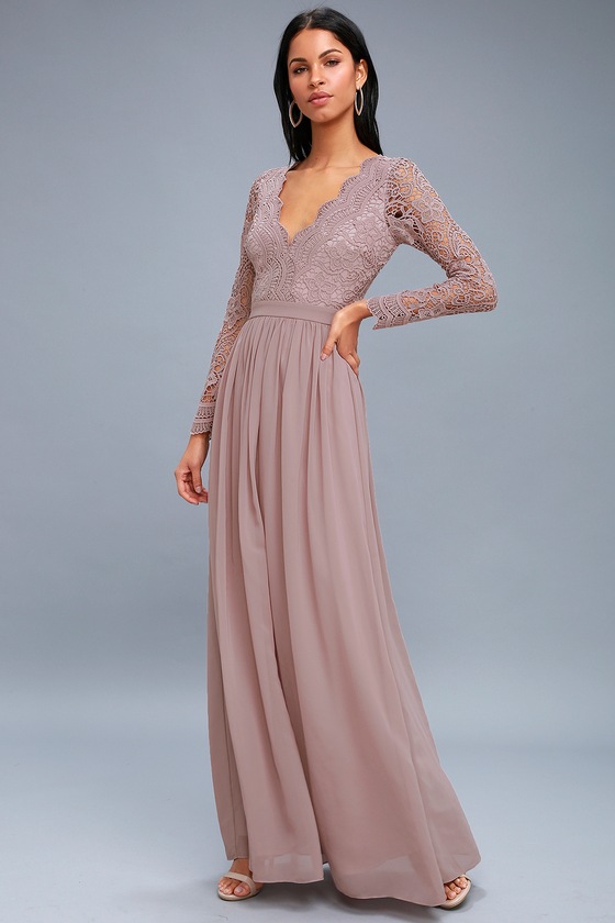 Lovely Dusty Lavender Dress - Lace Long Sleeve Maxi Dress
