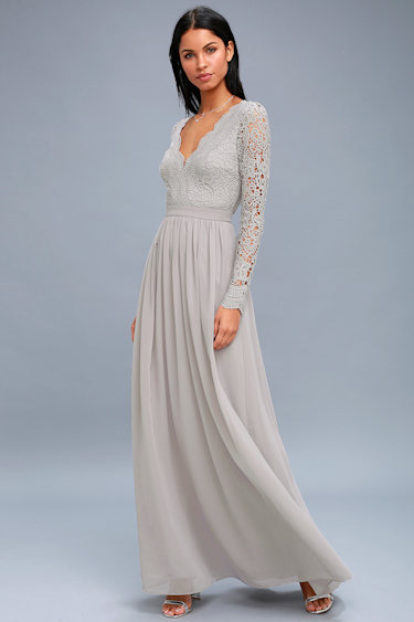 Awaken My Love Light Grey Long Sleeve Lace Maxi Dress