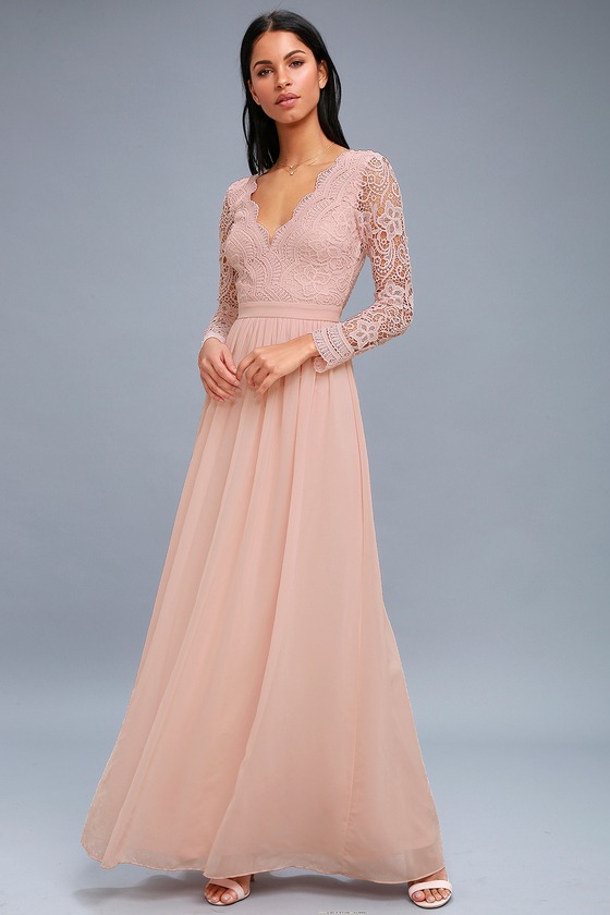 Lovely Blush Pink Dress - Lace Long Sleeve Maxi Dress