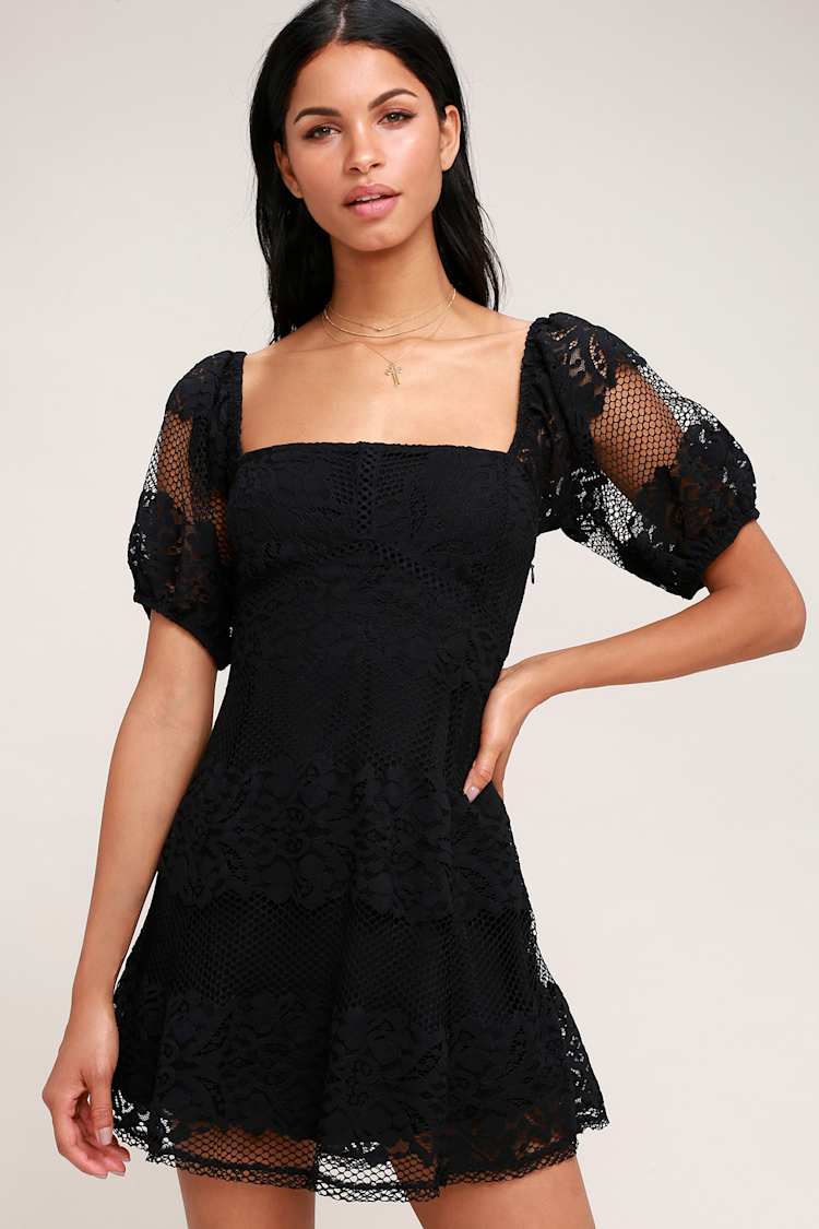 Free People Be Your Baby Black Lace Dress Babydoll Dress Lulus