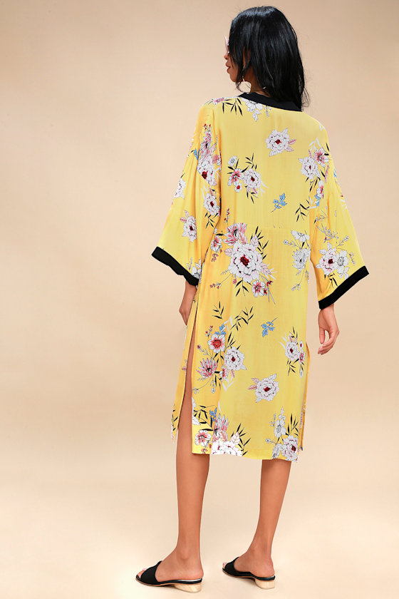 Boho Kimono Yellow Floral Print Kimono Midi Kimono