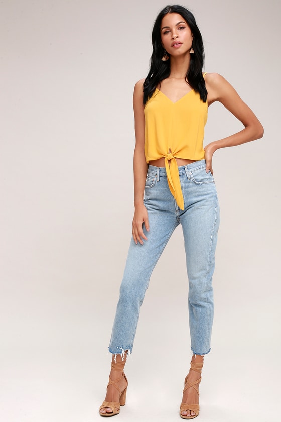 yellow tie front top