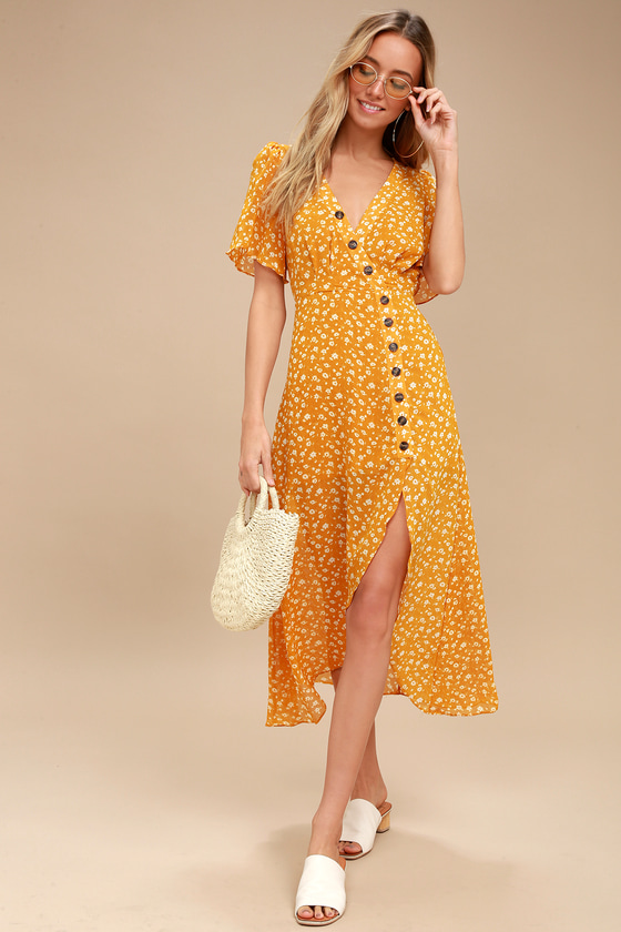 cute yellow floral print dress  midi dress  highlow dress