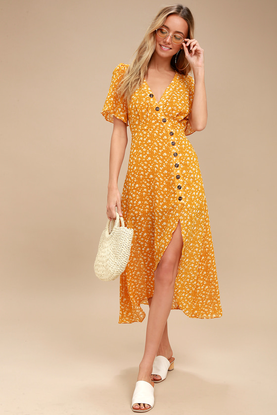 Yellow Floral Print Dress - Midi Dress 