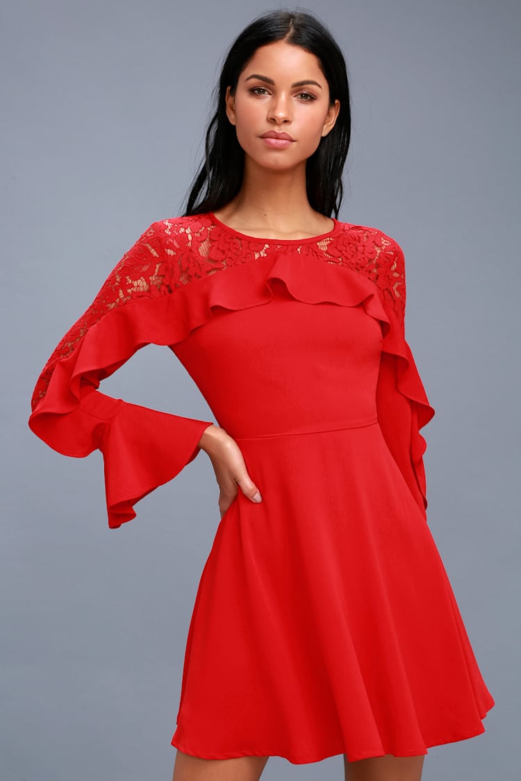 strapless open back dress Sexy Red Halter Lace Tight with Sleeves Mini Homecoming Party Dress –  Modsele