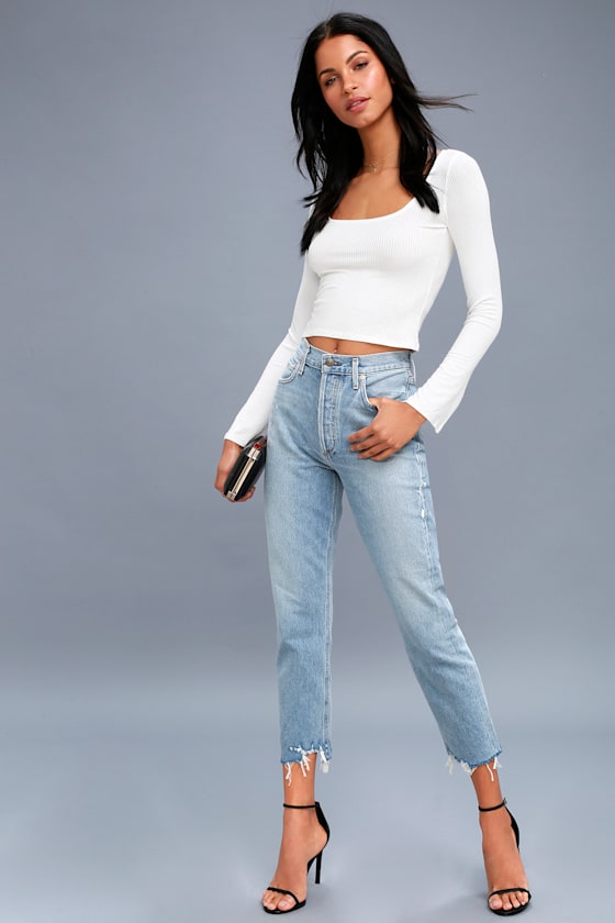 Lewis White Ribbed Long Sleeve Crop Top 1