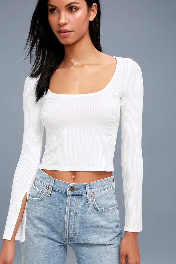 Chic White Crop Top - Long Sleeve Top - Ribbed Top