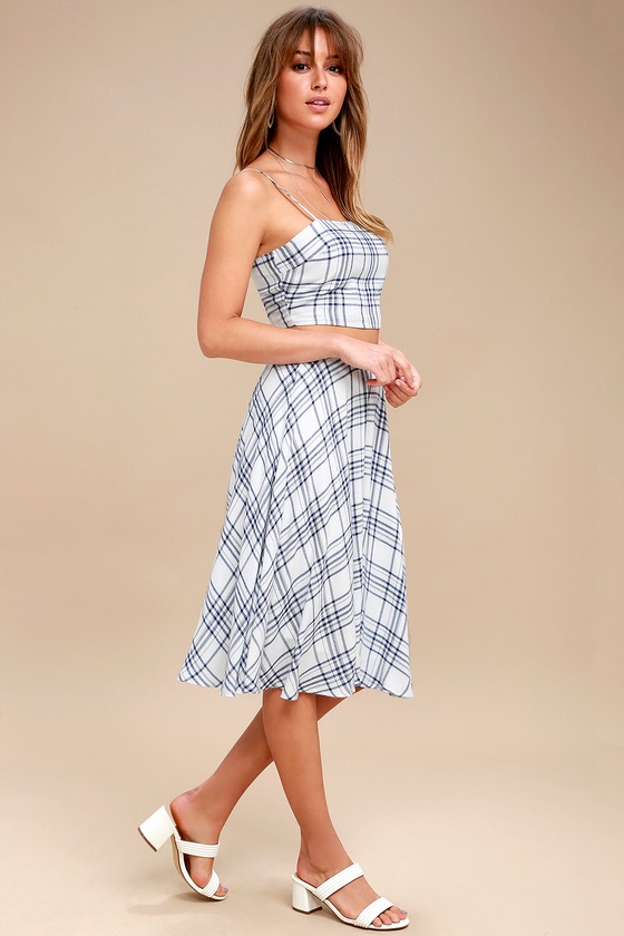 Cute Plaid Two-Piece Dress - Two-Piece Plaid Midi Dress