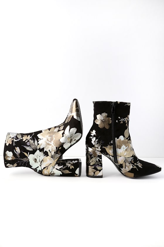 My Generation Black Floral High Heel Mid-Calf Boots 6