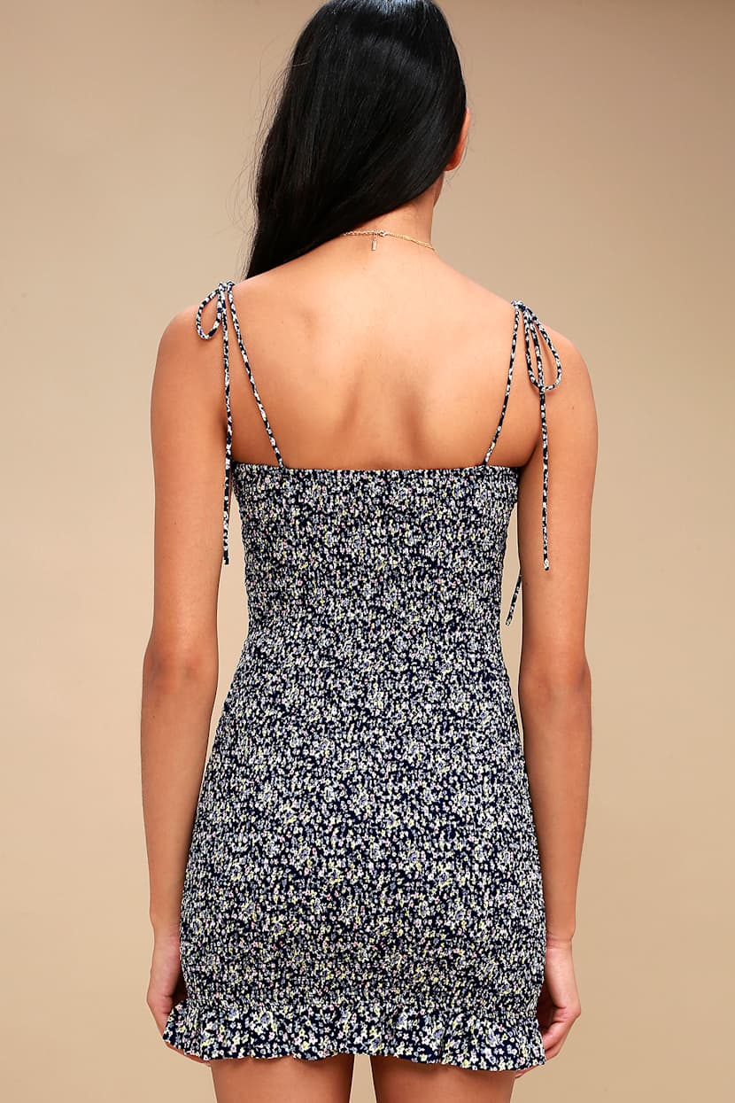 Navy Blue Floral Print Dress - Smocked Dress - Bodycon Dress - Lulus