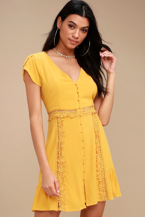 Wistful Wanderer Mustard Yellow Crochet Lace Dress 2