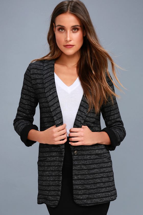 Cozy Charcoal Grey Striped Blazer Knit Blazer Lulus