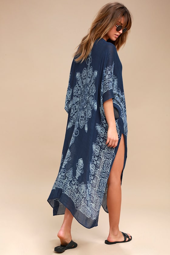 Cool Navy Blue Kimono Print Kimono Top Boho Kimono Lulus