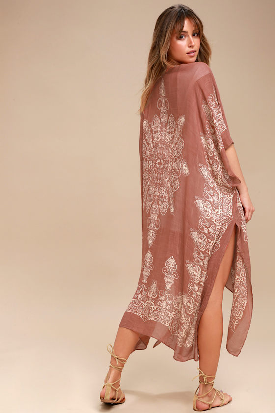 Exotic Sol Rusty Rose and Tan Print Kimono 4