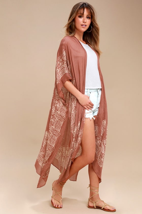 Exotic Sol Rusty Rose and Tan Print Kimono 2