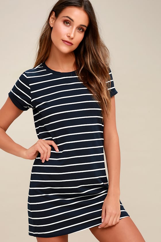 Cafe Society Navy Blue Striped Shirt Dress 8