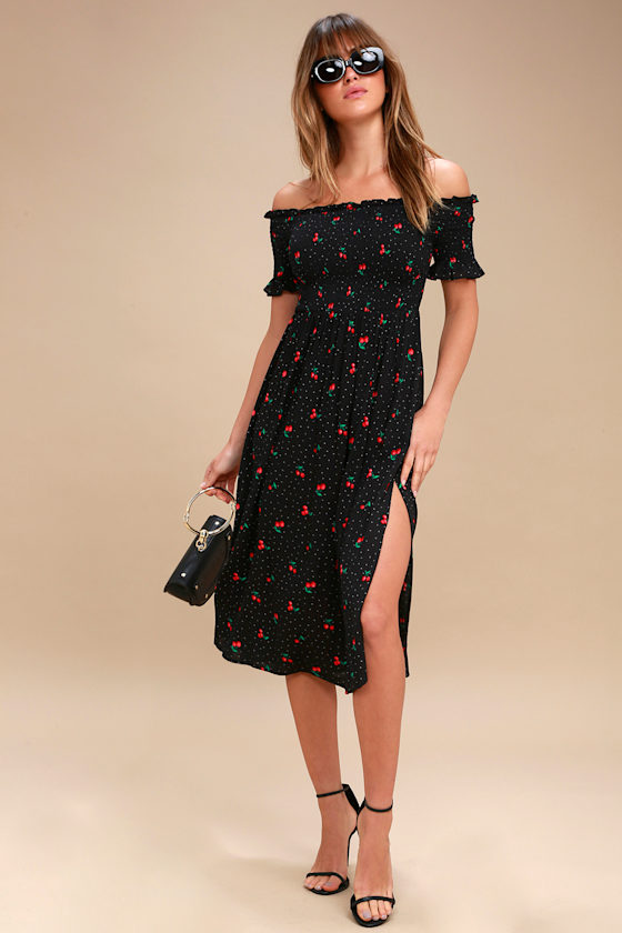 Chic Cherry Dress - Midi Dress - Off-the-Shoulder Dress - Lulus