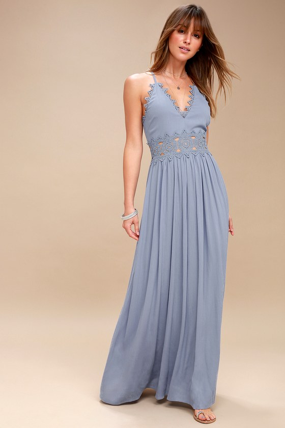 Slate Blue Maxi Dress - Lace Maxi Dress - Plunge Neck Maxi - Lulus