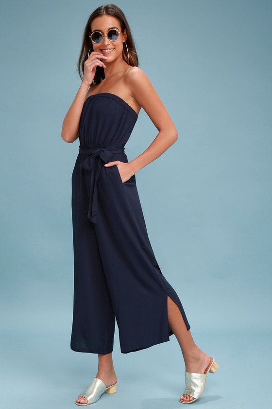 blue strapless jumpsuit