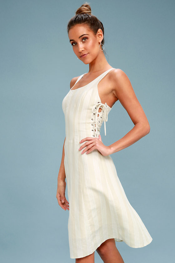Elena Beige Striped Lace-Up Midi Dress 1