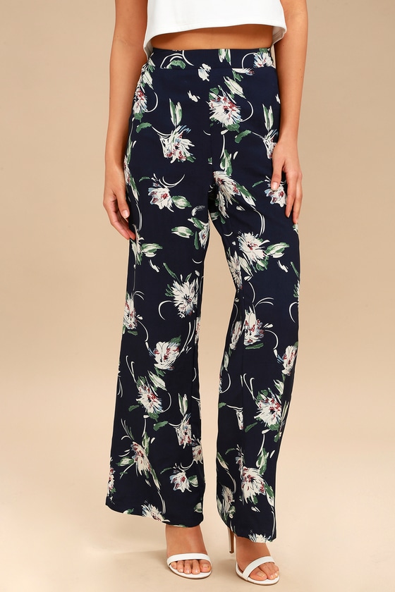 Cute Floral Print Pants - Navy Blue Pants - Wide-Leg Pants