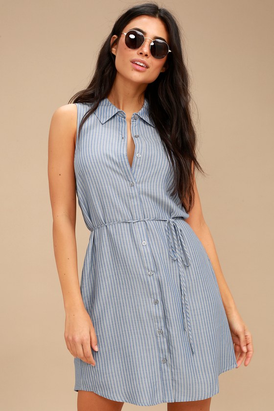 Cute Blue and Grey Striped Dress - Sleeveless Shirt Dress - Lulus