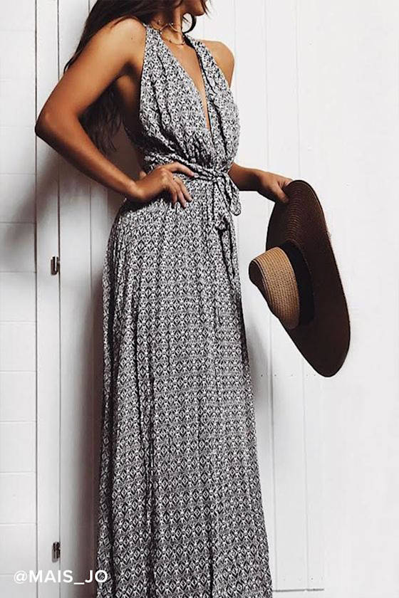Maxi Dress Black and White Print Dress Halter Maxi Dress