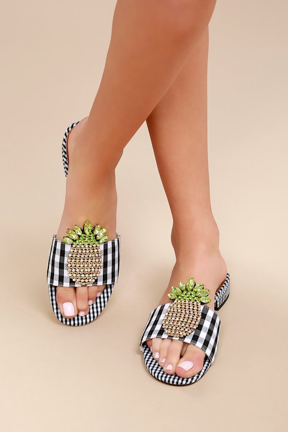 Crizma Black and White Gingham Rhinestone Slide Sandals 1