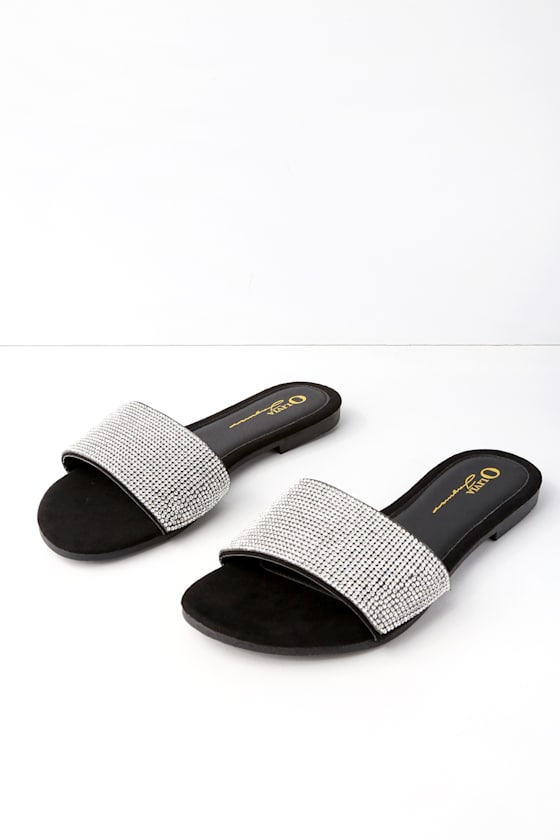 Quade Black Suede Rhinestone Slide Sandals 2