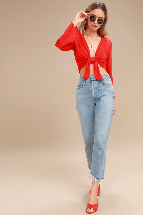 Weekend Wishes Coral Red Tie-Front Long Sleeve Crop Top 2