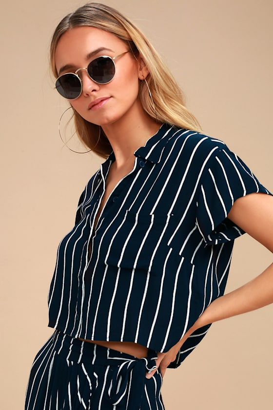Tropical Crush Navy Blue Striped Button-Up Crop Top 2