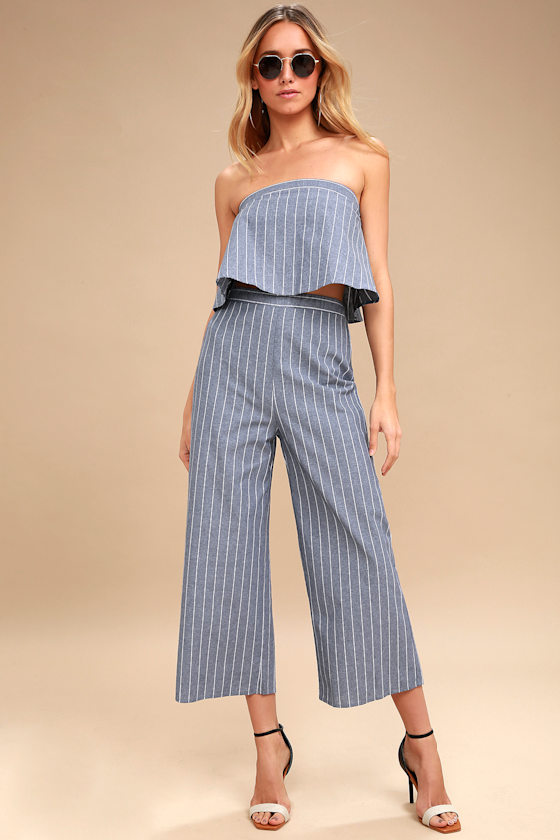 Catalina Blue and White Striped Strapless Crop Top 3
