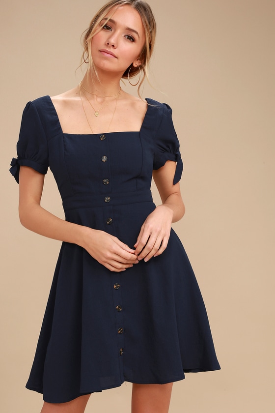 Cute Navy Blue Dress - Skater Dress - Button-Up Dress - Lulus