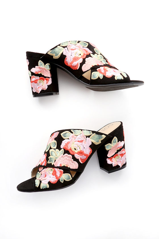 Luella Black and Coral Multi Floral Print Embroidered Mules 3