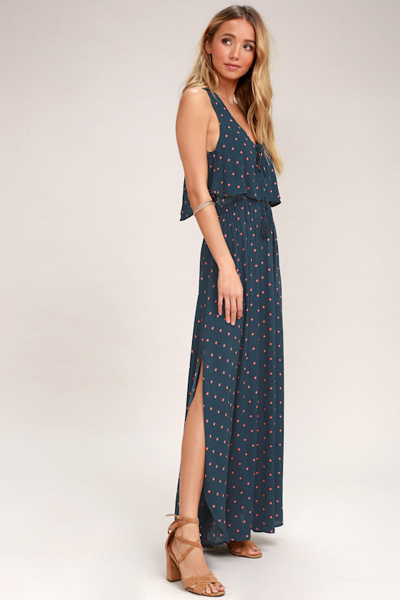 Phaedra Navy Blue Multi Print Lace-Up Maxi Dress 2