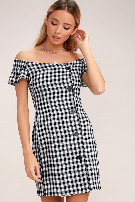 Check Please Black and White Gingham Off-the-Shoulder Dress 3