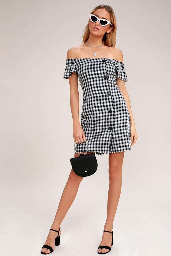 Check Please Black and White Gingham Off-the-Shoulder Dress 1