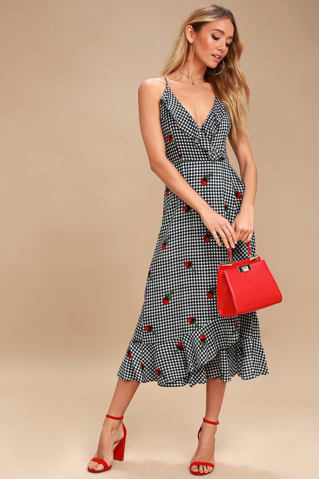 Blue and White Gingham Midi Kentucky Derby Dress