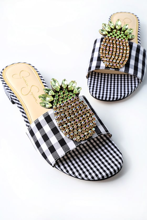 Crizma Black and White Gingham Rhinestone Slide Sandals 3