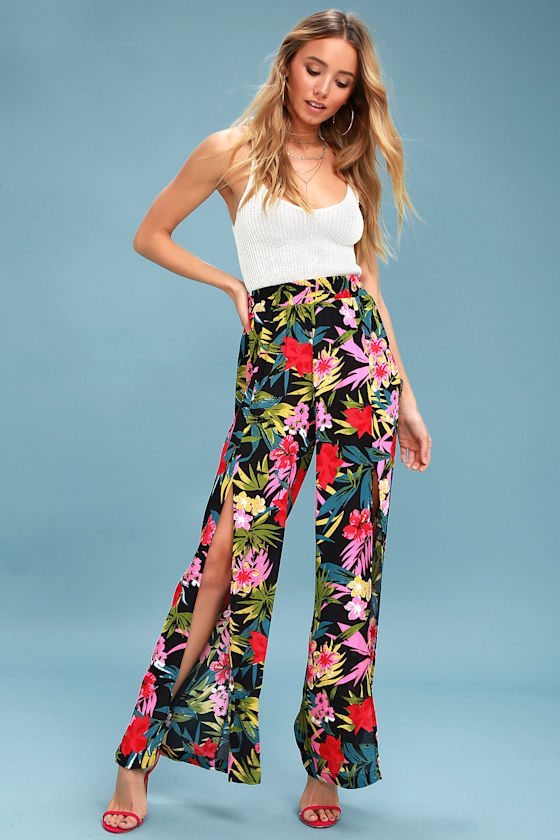 On The Daily Black Tropical Print Wide-Leg Pants 1
