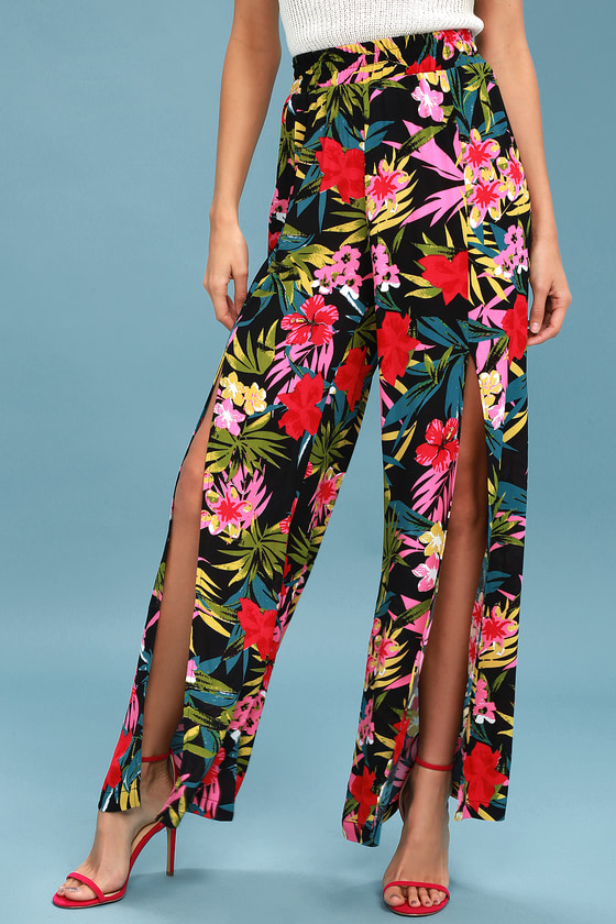 tropical print wide leg pants