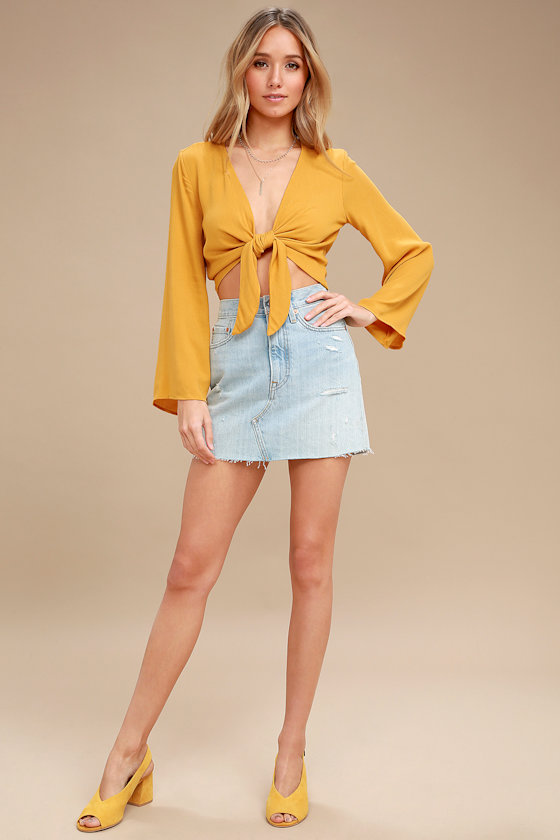 Weekend Wishes Mustard Yellow Tie-Front Long Sleeve Crop Top 2