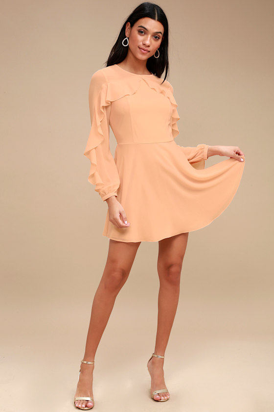 Lovely Peach Dress Long Sleeve Dress Skater Dress Lulus