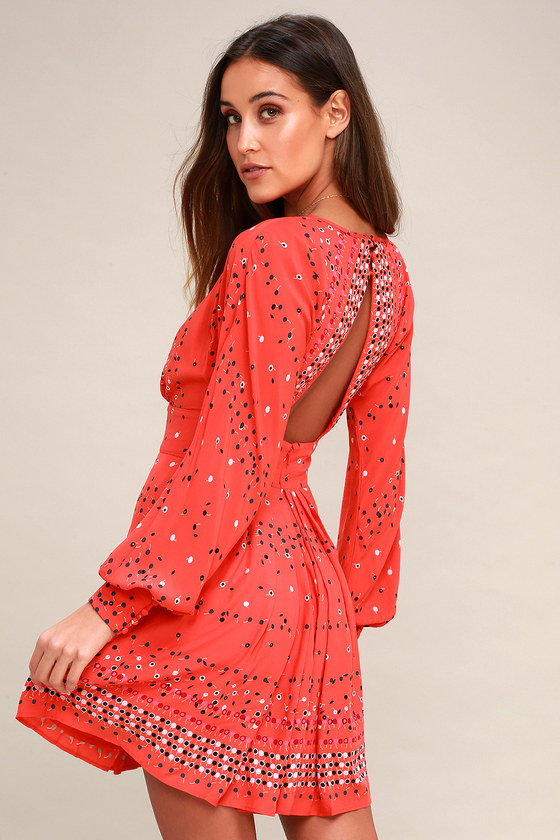 Free People Coryn - Coral Orange Print Dress - Fit and Flare - Lulus