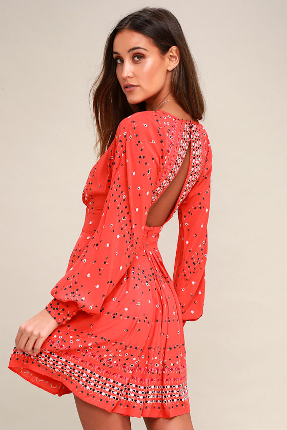 Coryn Coral Orange Print Long Sleeve Dress 6