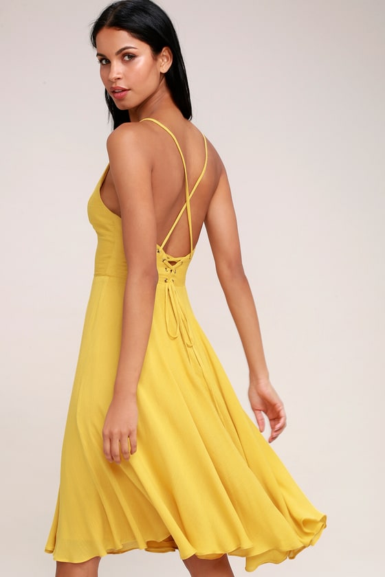Chic Midi Dress - Mustard Yellow Dress - Lace-Up Dress